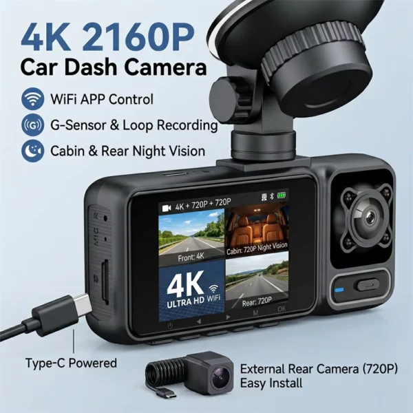 4K Triple Lens Dash Cam WiFi Car DVR with Parking Monitor