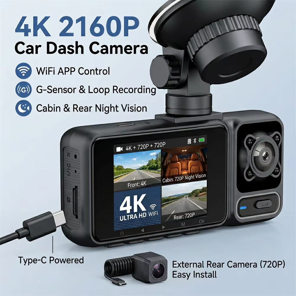 4K Triple Lens Dash Cam WiFi Car DVR with Parking Monitor