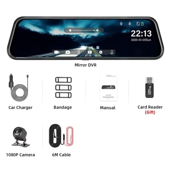 10 Inch Touch Screen Dual Lens Rearview Mirror Dash Cam