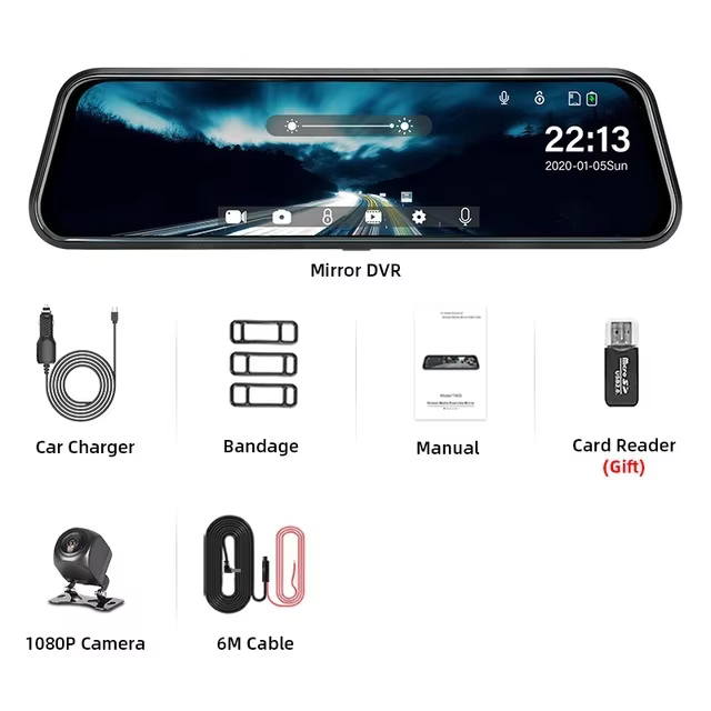 10 Inch Touch Screen Dual Lens Rearview Mirror Dash Cam