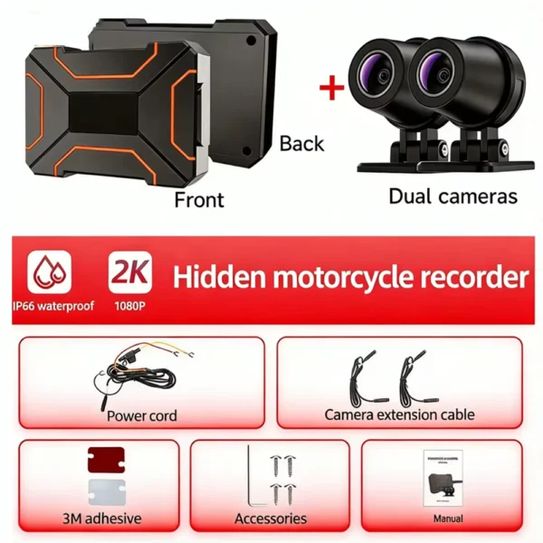 Full HD 2K Motorcycle Dash Cam Dual Front Rear Lens Waterproof