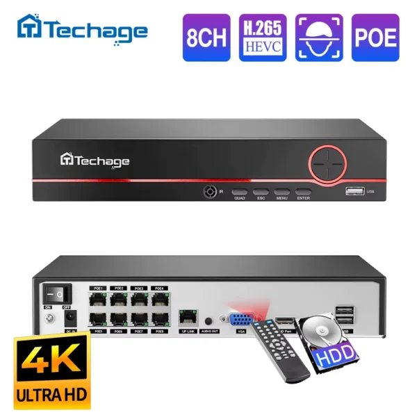 Techage 8CH 4K POE NVR with Two-Way Audio Support