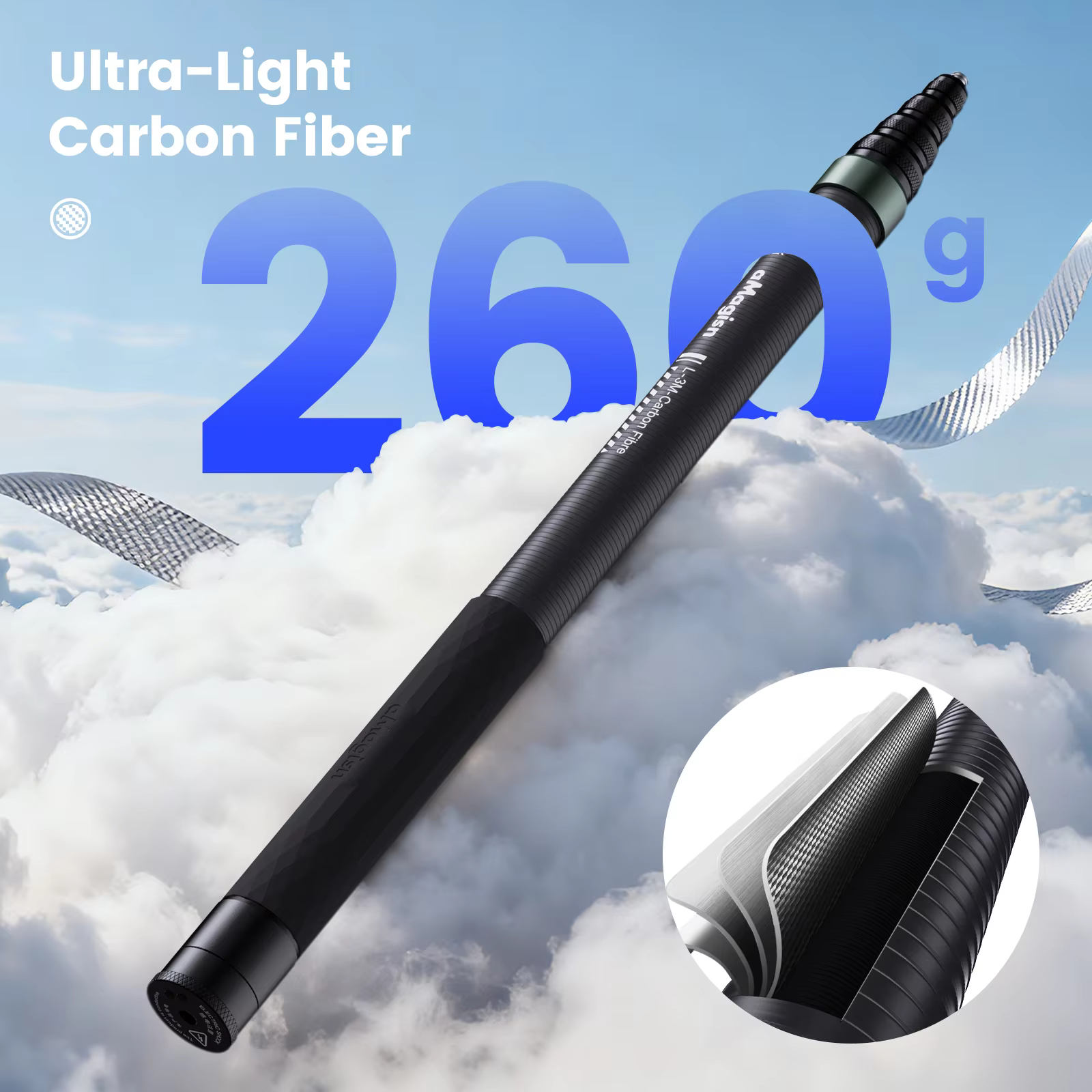 aMagisn 3m Carbon Fiber Invisible Selfie Stick for 360 Cameras