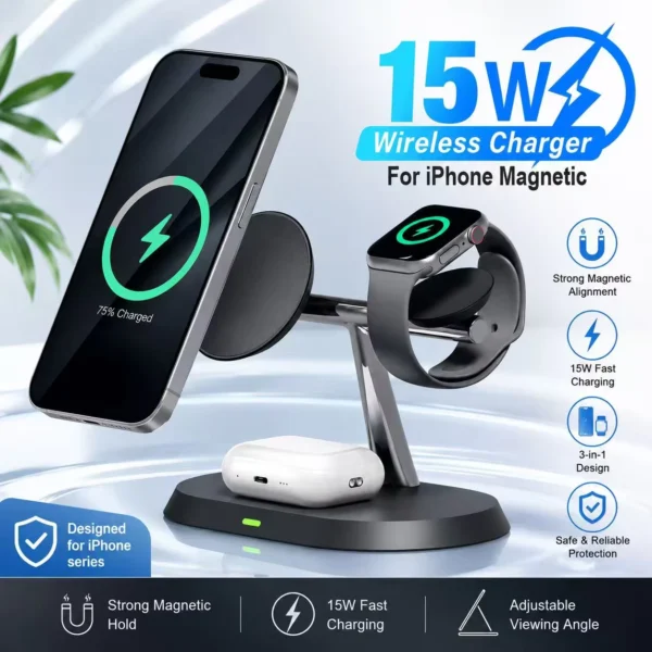3-in-1 Magnetic Wireless Charger Stand for Apple Devices