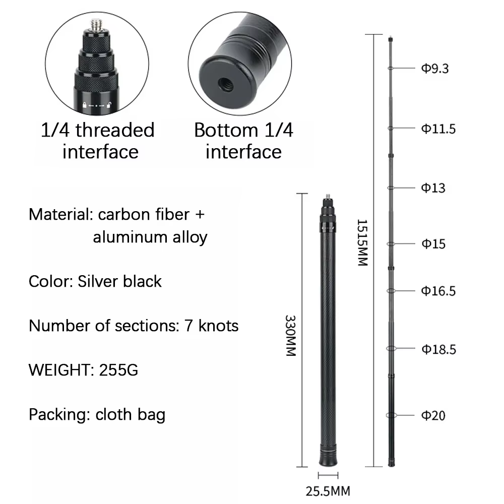 3M Carbon Fiber Scalable Monopod for Insta360 GoPro
