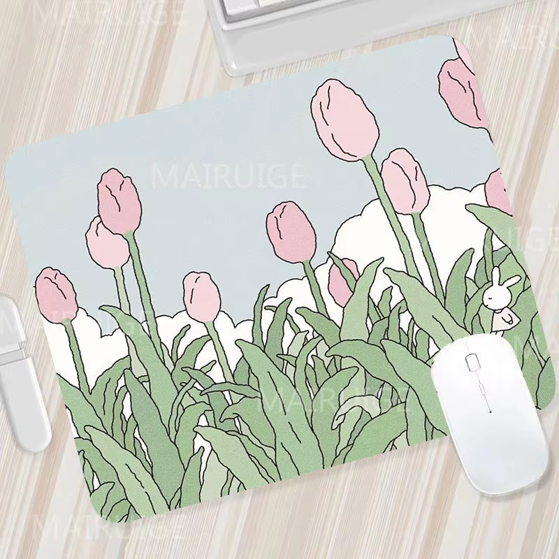 Green Small Kawaii Tulip Mouse Pad Rubber Mat