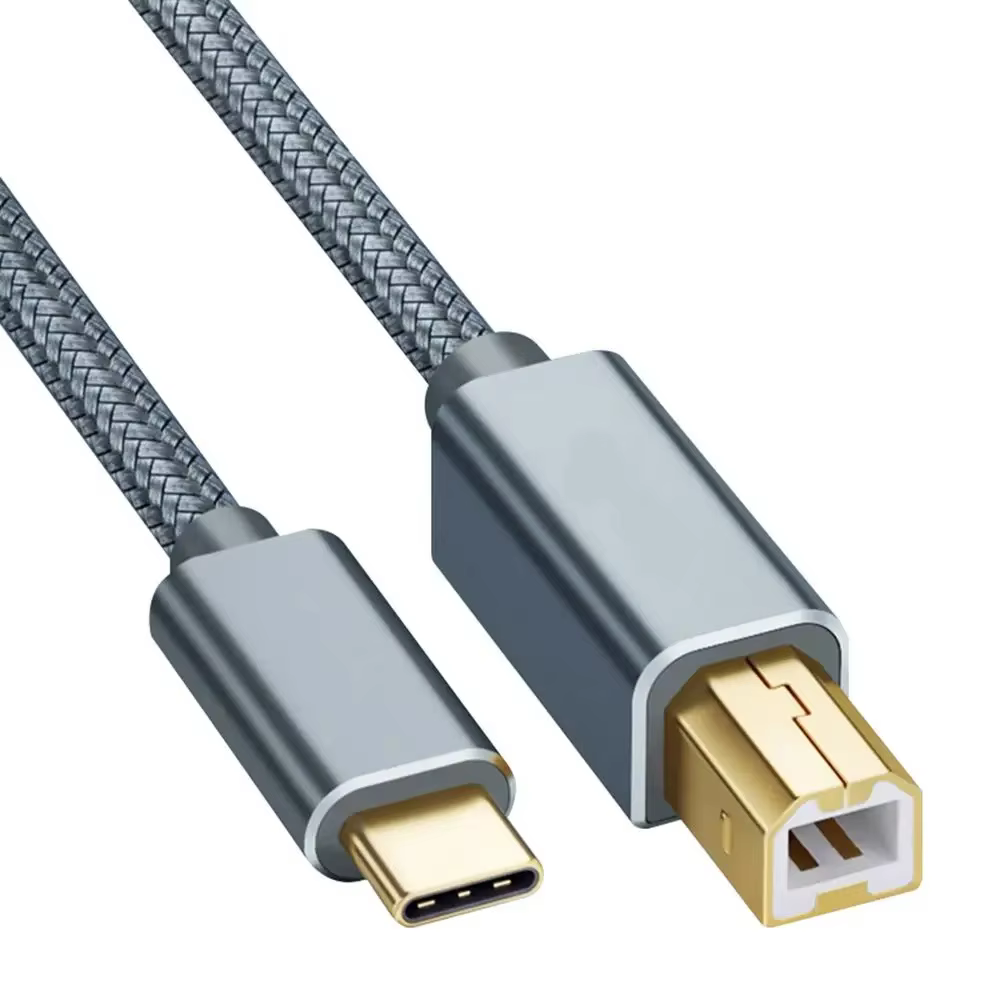 USB C to USB B 2.0 Braided Printer Cable 0.5m-3m Grey