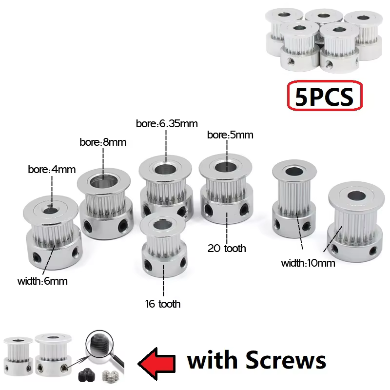 MEGA 5PCS GT2 Timing Pulleys 16 & 20 Tooth Various Sizes