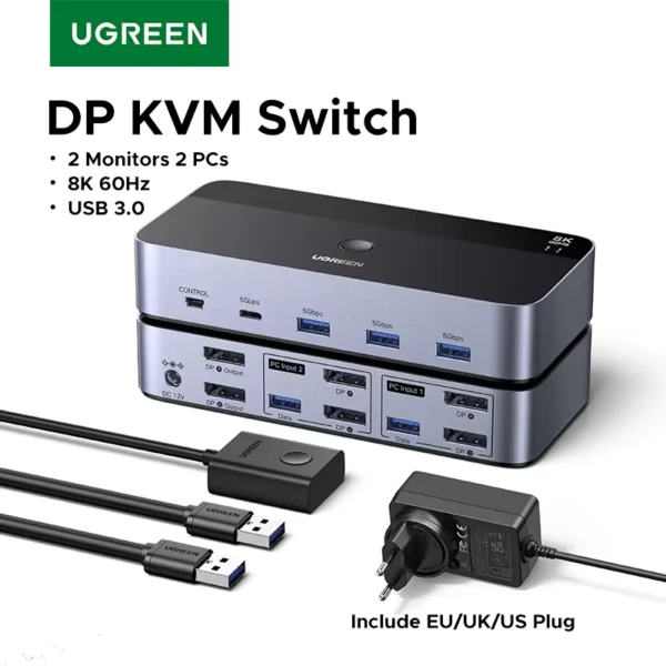 UGREEN DP KVM Switch 2 Monitors 2 PCs 8K 60Hz USB 3.0