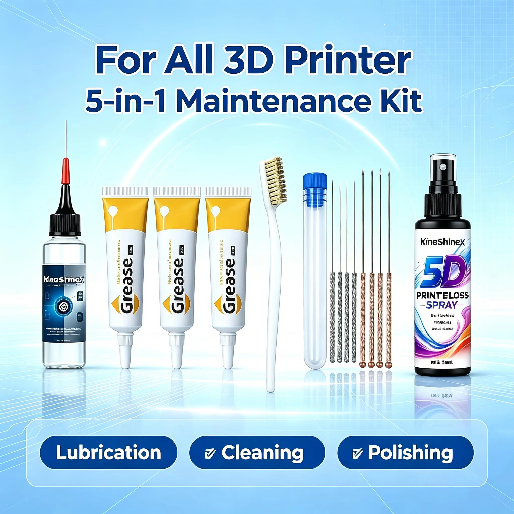 5-in-1 3D Printer Maintenance Kit with Oil, Grease, Brush